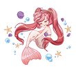 Cute little cartoon mermaid with long pink hair and white fishtail.