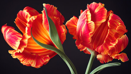 Styled tulip flowers on dark background. Print, wallpaper, modern textile design, wrapping paper. 