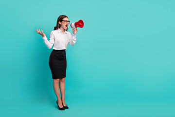 Sticker - Full body photo of angry lady executive screaming loudspeaker firing workers isolated on cyan color background