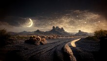 Desert Landscape With Road, Rocks And Cacti At Night.