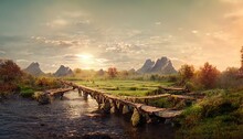 Sunset In The Sky Over A Lake With A Wooden Bridge, A Green Field And Rocks.