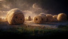 Rural Landscape With Hay Bales On The Field At Night.
