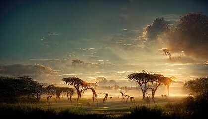 savannah with trees and green grass at sunset.