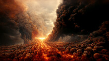 The End Of The World Apocalyptic Epic Scene Spectacular Art Illustration. Death Of The Earth Doomsday Panoramic Background. CG Digital 3D Painting AI Neural Network Generated Art Apocalypse Wallpaper
