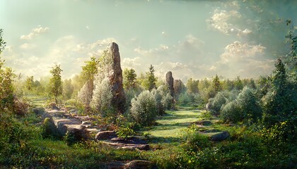 Poster - Summer forest with glade, green grass, rocks and trees.