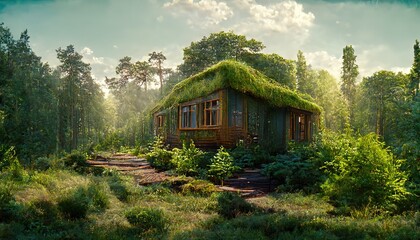 Wooden house in the summer forest, green trees and grass.