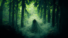Spooky Scary Misty Ancient Spirit Of Mystical Forest Fantasy 3D Art Illustration. Sinister Ghost Horror Movie Scene Background. CG Digital Painting AI Neural Network Generated Art Nightmare Wallpaper