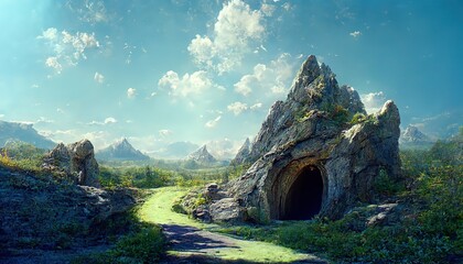 Poster - Entrance to a mountain cave overlooking high peaks under a blue sky on a sunny day.