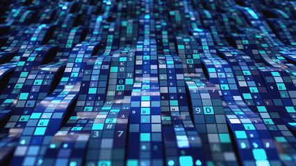 Leinwandbilder - Blockchain 3D illustration. Field, code, flow, wave, data of digital business solutions. Lottery, luck, probability calculation success