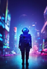 portrait of an astronaut in neon light in a spacesuit. high-tech astronaut from the future. the conc