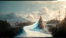 Ice Hill With Coniferous Trees And Mountain Peaks On The Horizon.