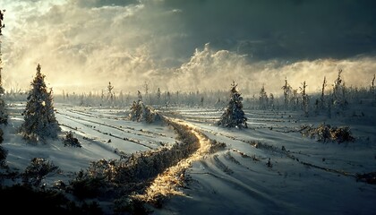 Canvas Print - Winter field with a path in the snow and silhouettes of trees on the horizon