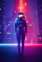 Portrait Of An Astronaut In Neon Light In A Spacesuit. High-tech Astronaut From The Future. The Concept Of Space Travel. 3D Rendering