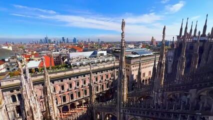 Wall Mural - Panorama of Cathedral rooftop with ornate towers, Milan, Italy