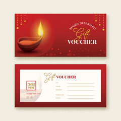 Sticker - Diwali Festival Gift Voucher Banner Design With Double-Side, Lit Oil Lamp (Diya) In Red And White Color.