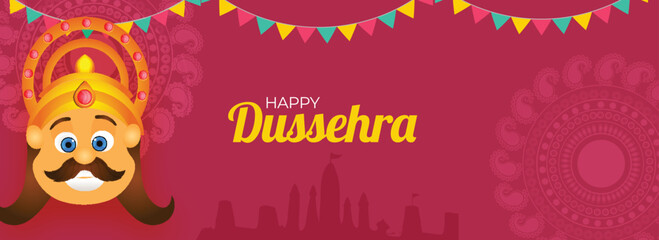 Happy Dussehra Celebration Banner Or Header Design With Demon King Ravana Face And Bunting Flags On Pink Silhouette Ayodhya View Background.