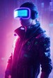 A realistic portrait of a man in neon light wearing a cyberpunk headset and cyberpunk gear. A high-tech futuristic man from the future. The concept of virtual reality and cyberpunk. 3D rendering