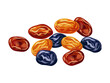 Raisin dried fruit isolated on white background. Vector illustration of green, red and blue raisins in flat style. Icon of dried blue, red and green grapes. Healthy snacks