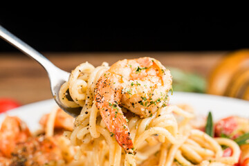 Sticker - A plate of Italian Seafood  shrimp noodles