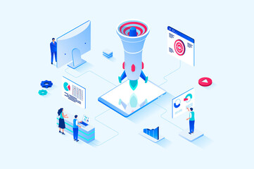 Wall Mural - digital marketing 3d isometric web design. people create promo content and make advertising campaign