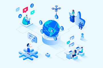 Fototapete - Social network 3d isometric web design. People communicate online with community of friends, view virtual content, like and comment on posts, browsing and online chatting. Web illustration