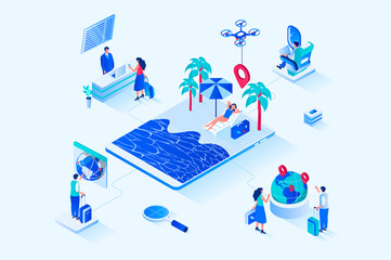 Poster - Travel vacation 3d isometric web design. People choose direction for travel, go on vacation with luggage, fly by plane, check into hotel and relax on tropical island by ocean. Web illustration