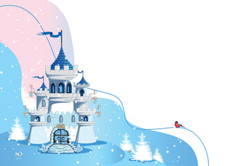 Winter castle for beautiful princess in cartoon style. Vector illustration of a fairy tale castle on a winter landscape with mountains and snowfall.