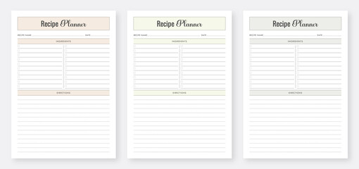 Wall Mural - Recipe Book Template Design. Printable Recipe Card Template. Recipe Planner Set. Minimalist Planner Pages Template Set. Planner Bundle Design.