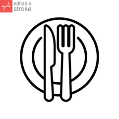 Plate and knife with a fork icon, dinner, meal, eat cutlery, outline style Restaurant dish dining table set. Tableware, silverware Editable stroke Vector illustration design on white background EPS 10