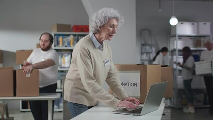 Wall Mural - Senior woman working on computer in volunteer center