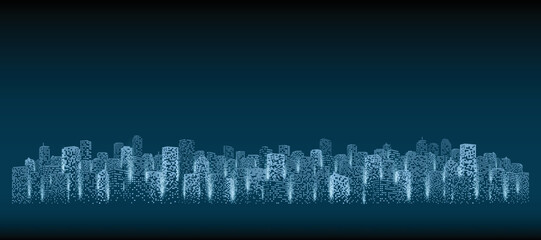 Wall Mural - Panorama of the digital city. Futuristic digital urban landscape. Building skyline view, sci-fi, vector architecture on dark background.