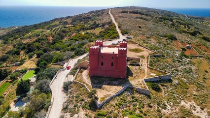 Drone viewpoint on St Agatha's Red Tower in Malta