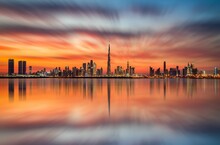 Beautiful Motion Shot Of The High Skyscrapers During A Beautiful Sunset, Dubai