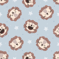 Wall Mural - Seamless Vector Pattern with cute Lion and stars. Hand drawn Doodle Cartoon Animals Background. design for background, wallpaper, wrapping, fabric, and all your creative project
