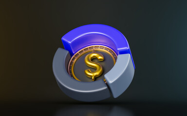Wall Mural - dollar coin with pie chart sign on dark background 3d render concept for financial information