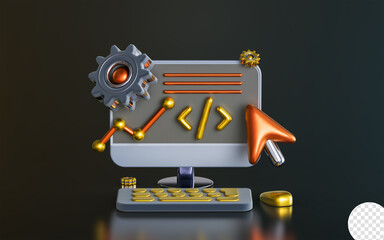Wall Mural - computer monitor with keyboard mouse cursor gear coding sign on dark background 3d render concept