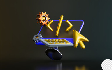 Wall Mural - computer monitor with gear coding sign mouse cursor on dark background 3d render concept
