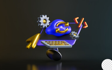 Wall Mural - computer monitor with keyboard mouse cursor gear coding sign on dark background 3d render concept