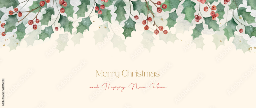Watercolor Christmas vector background with green leaves and holly ...