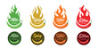 Set of spicy level labels. Chili, jalapeno, tabasco pepper flavor stickers with burning flames. 3d realistic vector illustration.