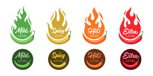 Set of spicy level labels. Chili, jalapeno, tabasco pepper flavor stickers with burning flames. 3d realistic vector illustration.