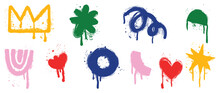 Set Of Graffiti Spray Pattern. Collection Of Colorful Symbols, Heart, Crown, Flower, Dot And Stroke With Spray Texture. Elements On White Background For Banner, Decoration, Street Art And Ads.