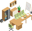 Conference room furniture. Isometric office space objects