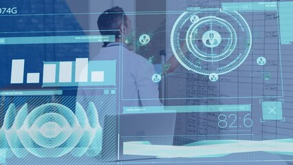 Wall Mural - animation of scope scanning and data processing over empty office