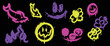 Set of graffiti spray pattern. Collection of colorful symbols, fire, flowers, dolphin, smile, stroke with spray texture. Elements on black background for banner, decoration, street art and ads.