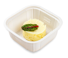 Wall Mural - Mashed potatoes.  In a plastic container. Food to go. On a light background.