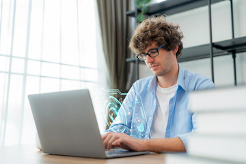 Businessman working on laptop in the office. Developing network security system. Smart IT programer coding programming. Cyber security. user privacy and encryption. Cloud computing and digitalization