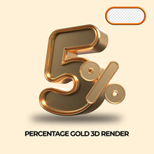 3D Render 5% Percentage Number Gold Style For Discount, Sale Discount, Work Progress, Percent