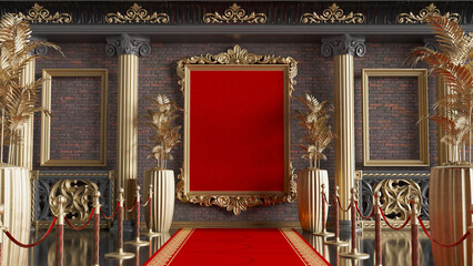 Wall Mural - ornate golden frame at the bricks wall, empty gold picture frame between roman columns, 3d render