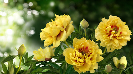 A bush of rare variety of yellow peonies isolated on a blurred garden background.